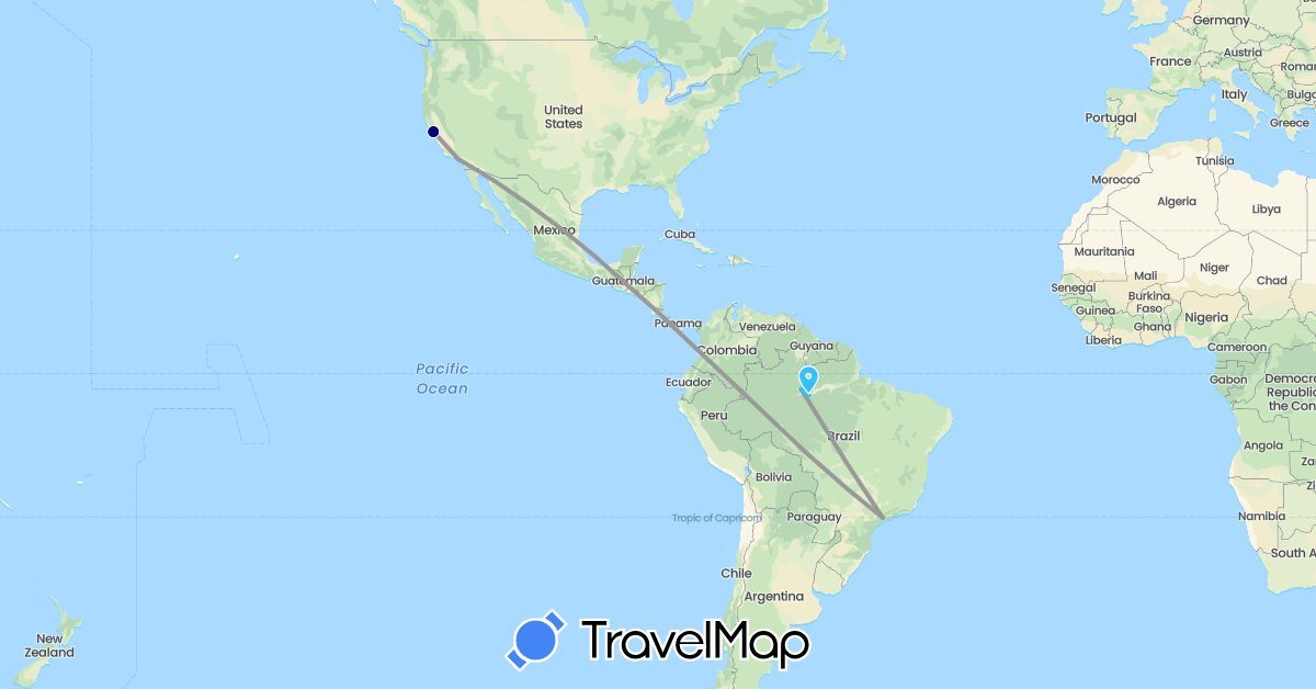 TravelMap itinerary: driving, plane, boat in Brazil, United States (North America, South America)